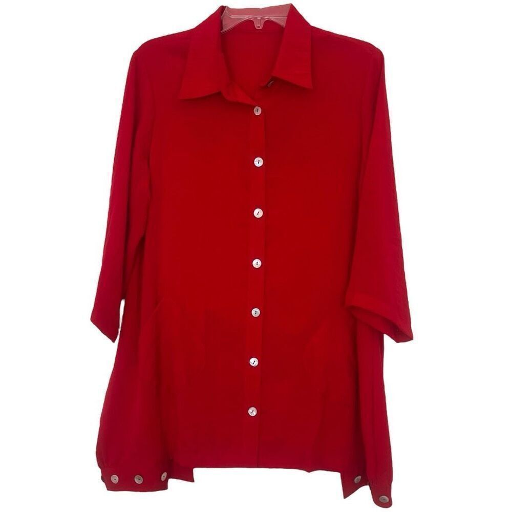 Fridaze Lagenlook Red Linen Tunic Small Artsy Top Oversized Blouse with Pockets